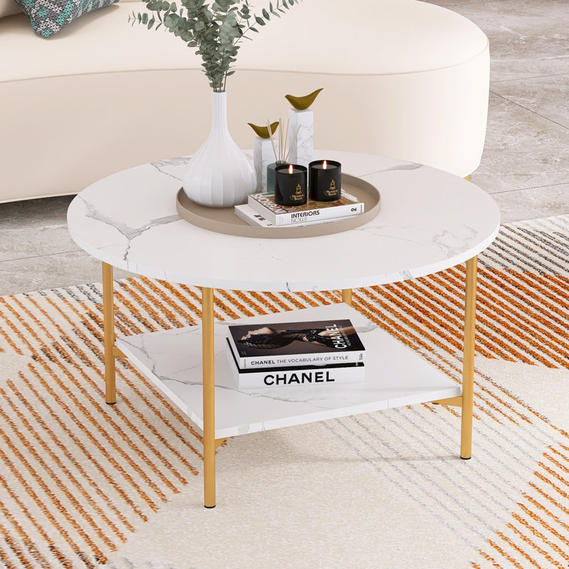 Table basse ronde moderne avec cadre de rangement en métal, Or