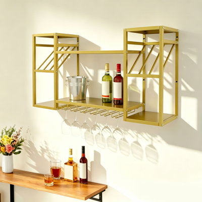 Wall Mounted Wine Rack 2-Tier Metal Floating Bottle Holder Liquor Shelves for Kitchen, Dining Room, and Bar