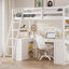 Lit mezzanine simple en bois avec tiroirs, armoire, tablettes et bureau pour une utilisation compacte et multifonctionnelle