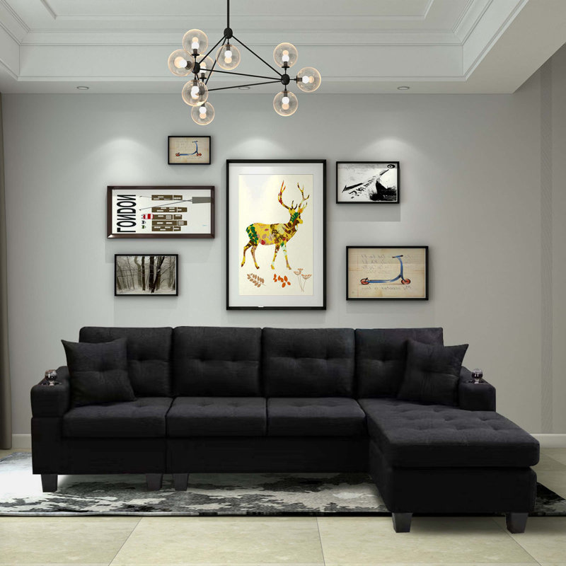 Domela 96.1'' Upholstered Sofa, Black Fabric, Right Facing