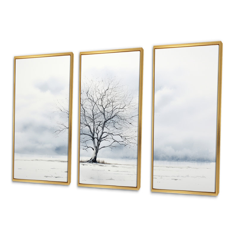 Winters Tree Minimalisme - ensemble d'art mural arbre, Cadre flottant doré, H 32 po x l 48 po x P 1 po