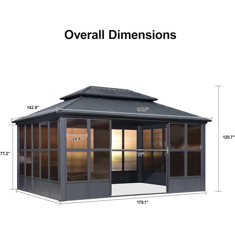 Sunroom Hardtop Gazebo Solarium With Light Galvanized Steel Double Roof All-weather Aluminum Outdoor Screen House