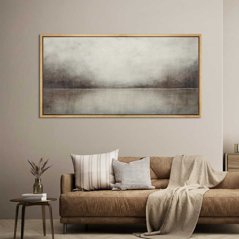 Minimal Landscape Tranquil Neutral Abstract Landscape Retro Moody Extra Large Framed Art Home Decor, 30" H x 60" W, Natural