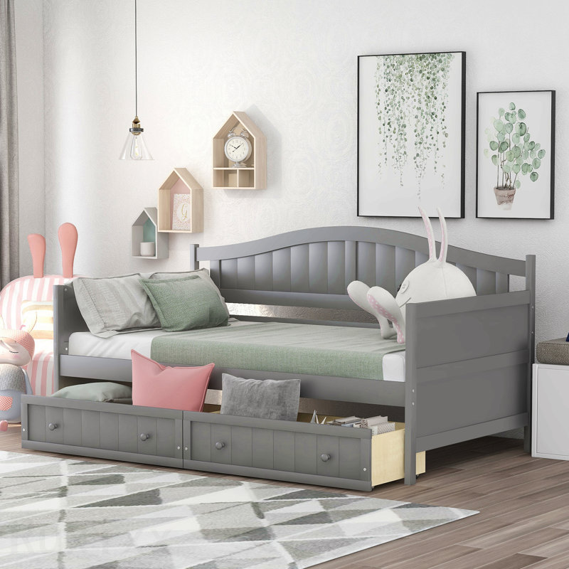 Lit de jour simple en bois avec 2 tiroirs, canapé-lit pour le salon de la chambre à coucher, aucun sommier nécessaire, gris