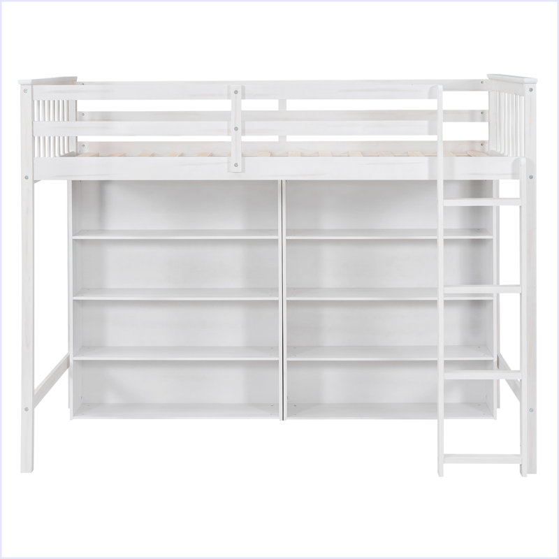 Lit mezzanine avec 8 tablettes de rangement ouvertes et échelle intégrée, Blanc, Lit simple