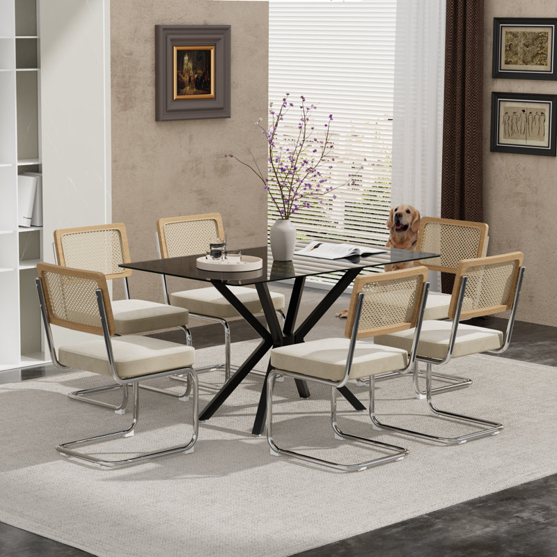 Rectangular Tempered Glass Dining Table Set With Luxury Velvet Rattan Back Upholstered Dining Chairs - Modern Contemporary Small Space Design