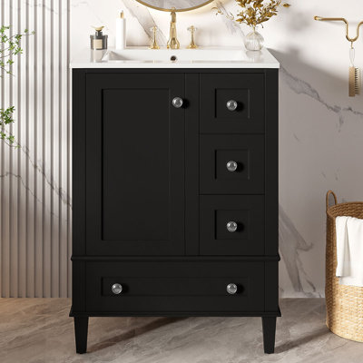 Meuble-lavabo autoportant 24 po avec lavabo en céramique, porte à fermeture en douceur et tiroirs 24 po