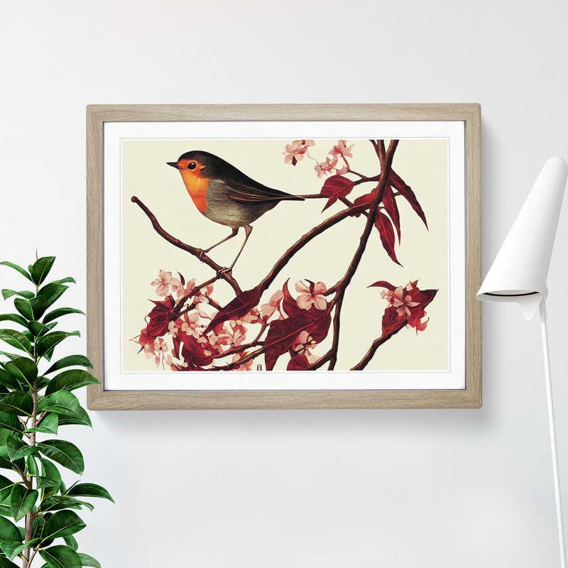 XH1022-8875X Terrific Robin Bird - Single Picture Frame Print, 34cm H x 46cm W x 2cm D, Oak Framed