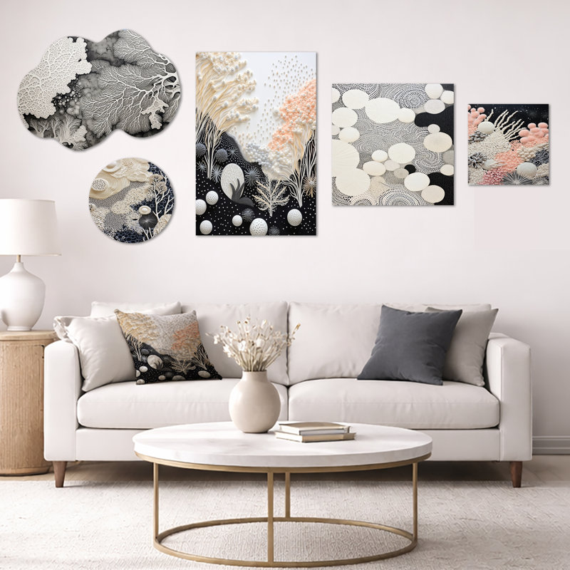 Ensemble de 5 décorations murales noires et blanches, corail, gris et bord de mer, toile et métal (100 po x 40 po)