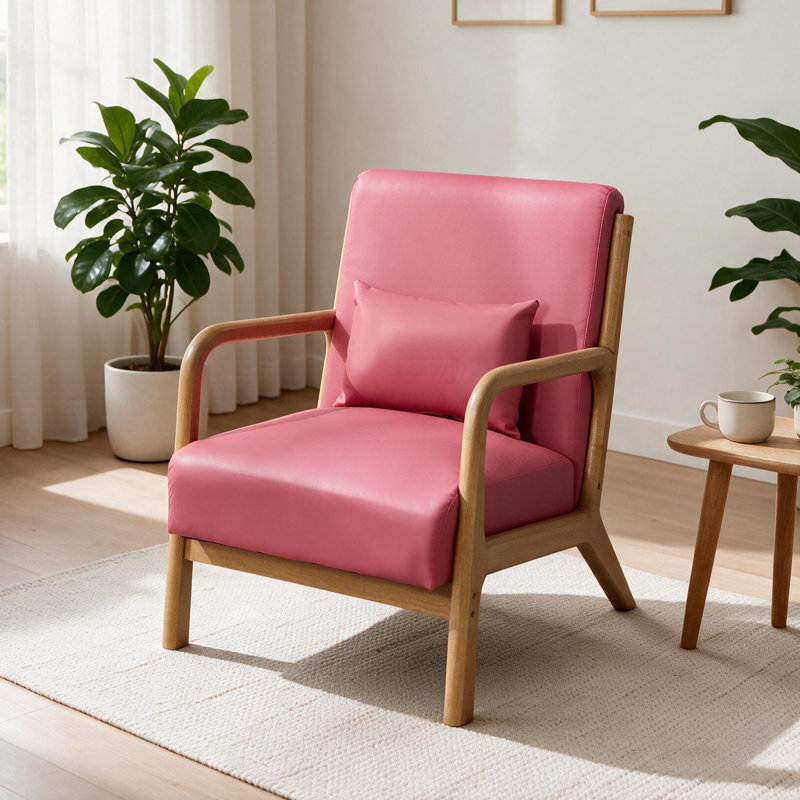 Solid Wood Accent Chair with Lumbar Pillow & Toss Cushion, Linen-Blend Armchair with Square Arms, Mid-Century Lounge Chair for Living Room & Bedroom