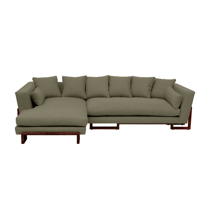 LRG Upholstered L-Shaped Sectional Left Hand Facing, Left Side Tray, Solid Walnut, Moss Linen Blend