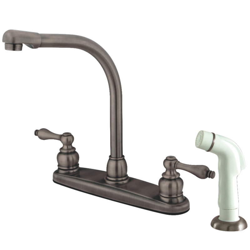 Victorian Centerset Double Handle Kitchen Faucet, Antique Copper/White, With Spray