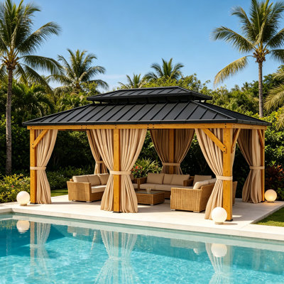 Edrosie Inc L 12 pi. D Pavillon de jardin extérieur en bois massif avec rideaux en acier