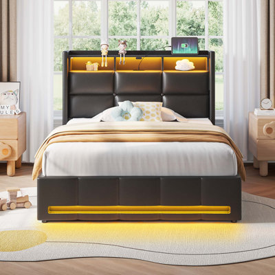 Upholstered Lift Up Storage Bed Frame with LED Lights and Charging Station, Platform Bed, No Box Spring Needed
