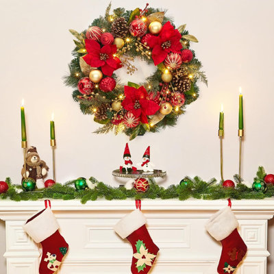 Couronne de Noël Prelit pour porte d'entrée, grande couronne de Noël extérieure de 24 po avec boules en or rouge