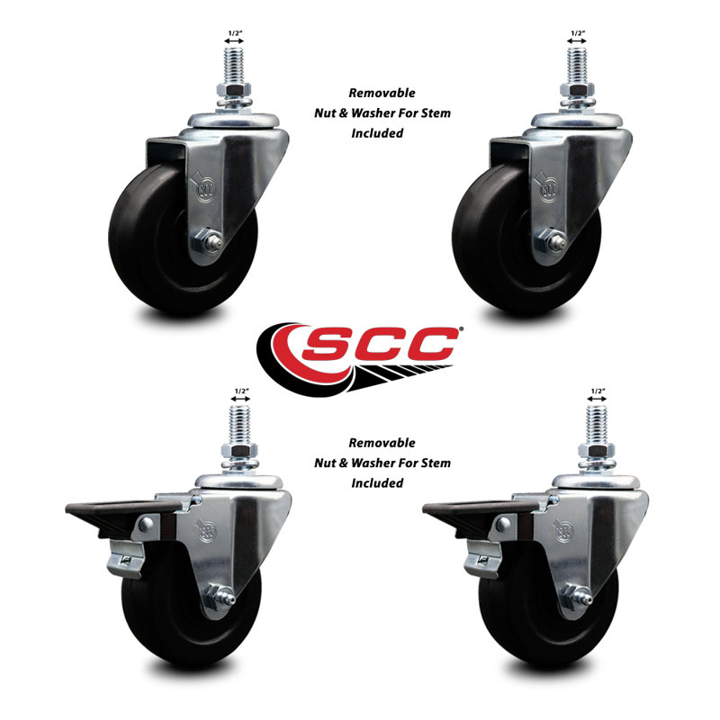3.5 Inch_Hard Rubber ½ Inch Threaded Stem Caster Set 2 Brakes SCC