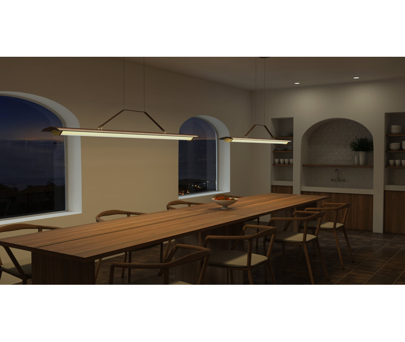 Penna Linear LED Pendant, 7.7" H x 64.5" W x 2.3" D, 2700K Warm White Bulb Temp, 277V, Brass/ Dark Walnut