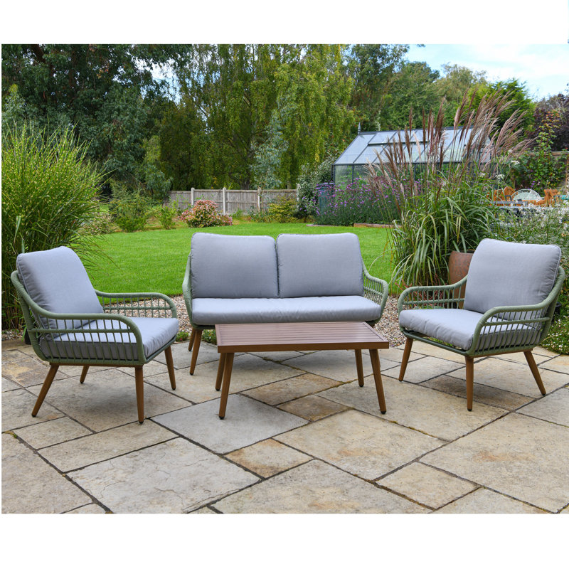 Ranjit 4 Person Aluminium Sofa Set Sage Green with Grey Cushions