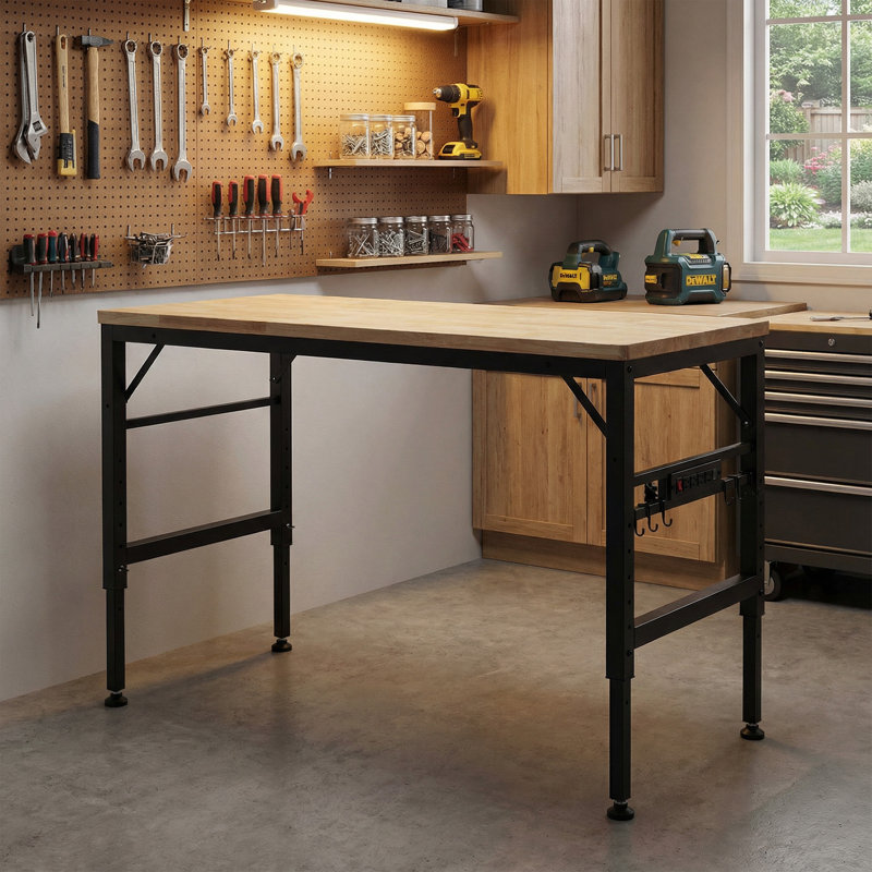 Établi robuste et réglable pour le garage, table d'atelier en bois d'hévéa avec patins en caoutchouc, poste de travail en bois franc, capacité de poids de plus de 2 000 lb pour un atelier, un garage, un bureau ou une maison
