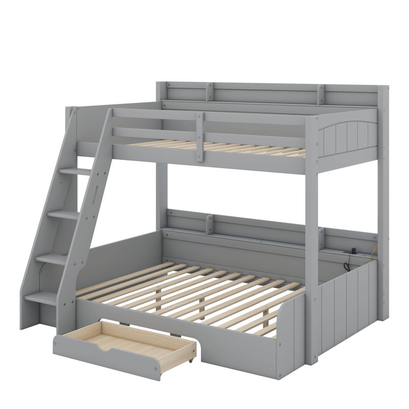 Twin Over Full Bunk Bed With Charging Station And A Drawer, Gray