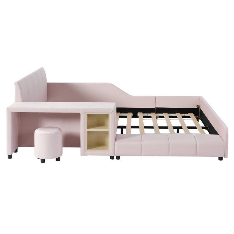 Lit de bébé pleine grandeur en velours avec bureau et petit tabouret rond, Lit double, Rose