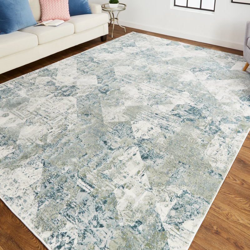 Aybek Geometric Blue/Green/Ivory Area Rug, Rectangle 3' x 5'
