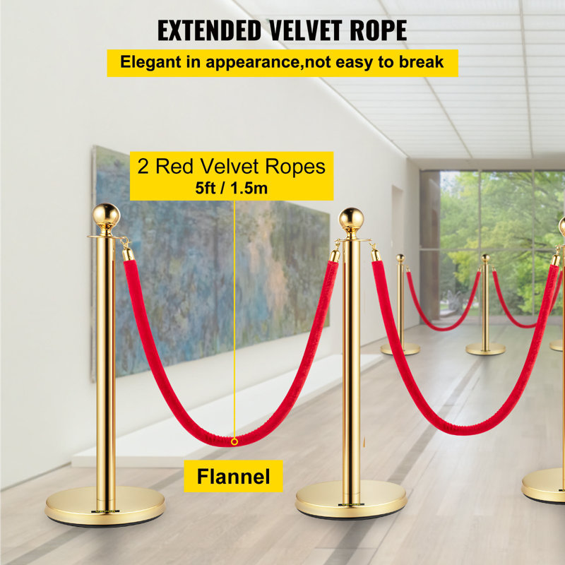 Poteau de contrôle des foules, ensemble de poteaux de 4 pièces, ensemble de poteaux avec corde en velours rouge de 5 pi / 1,5 m, barrière de contrôle des foules