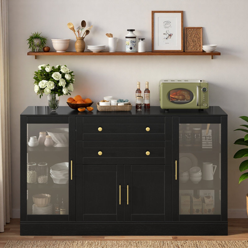 Buffet moderne 58,3 po avec 4 portes, 2 tiroirs, prise de courant et panneaux en acrylique, Noir