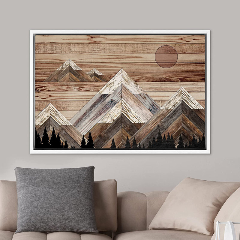 «Western Wood Effect Landscape Sunlight Snowy Mountain Range Sky Nature Wilderness - Floater Frame», impression sur toile