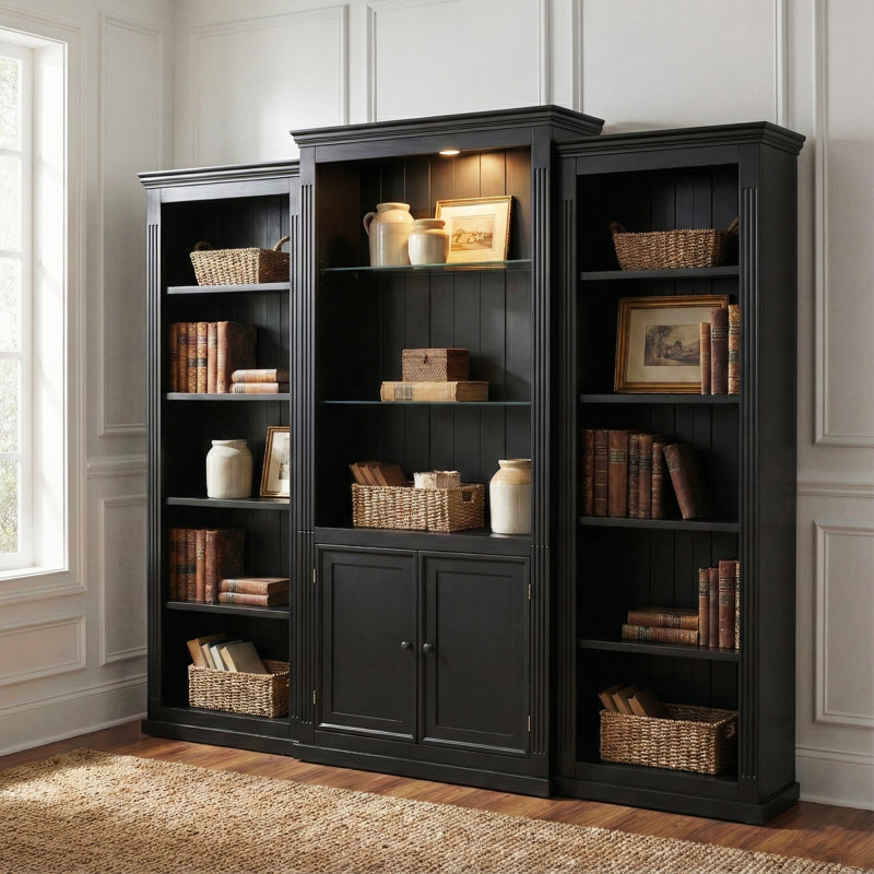 79" Tall 3-Piece Modern China Cabinet Set With 2 5-Tier Bookcases, Display Case With 1 Cabinet, 2 Adjustable Glass Shelves And 1 Led Lighting