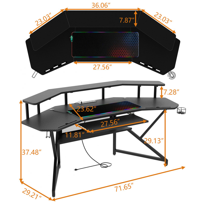 Berlanga Gaming Desk with Power Outlet & Led Strip, Large Wing-Shaped Computer Desk with Monitor Stand