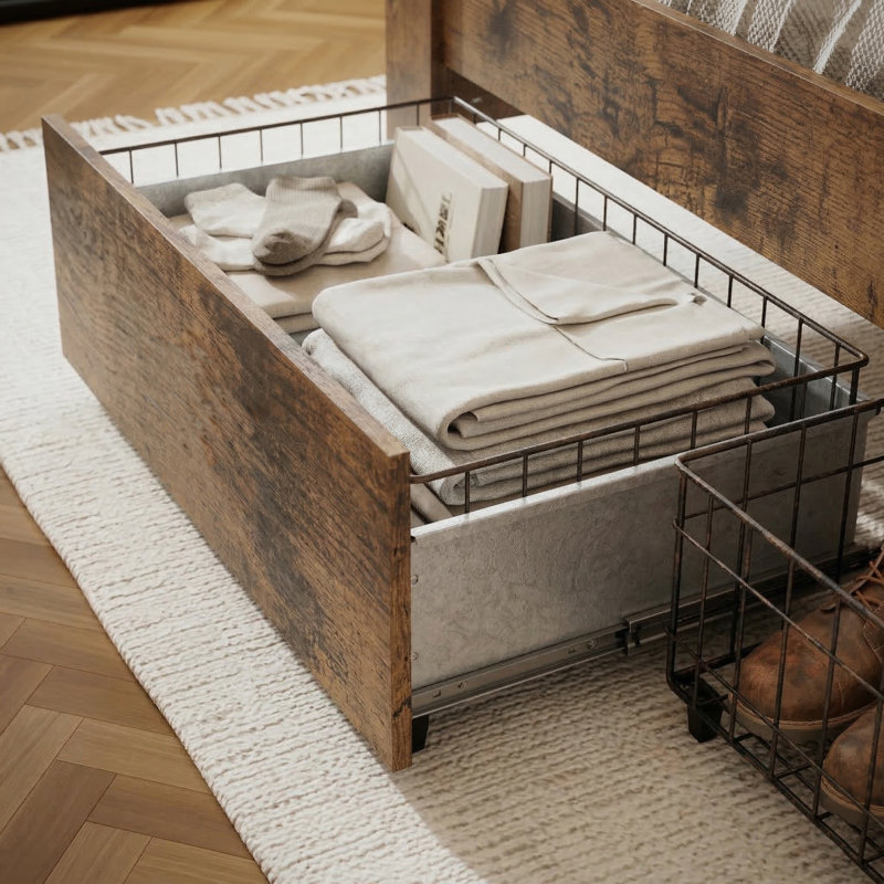 Structure de lit plateforme avec 2 tiroirs Farmhouse, Queen
