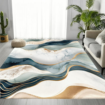 Tapis abstrait en marbre abstrait à motif de vagues dorées bleues, motif texturé élégant, tapis antidérapant durable et doux lavable à la machine, décoration intérieure élégante pour le salon, la chambre à coucher, l'entrée, la porte d'entrée, la cuisine, le balcon et l'appartement