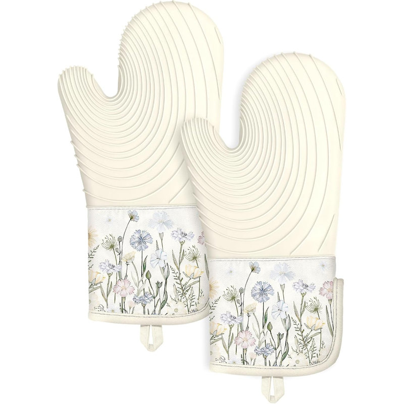 Ensemble de 2 longues maniques longues en silicone beige à motifs de fleurs sauvages
