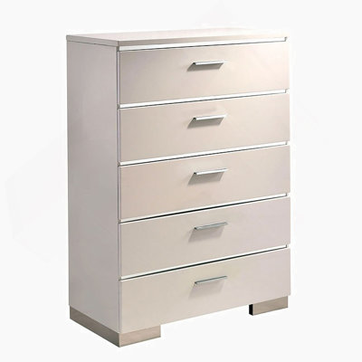 Commode 1 pièce à cinq tiroirs de style contemporain avec accents chromés blanc brillant et finition chromée