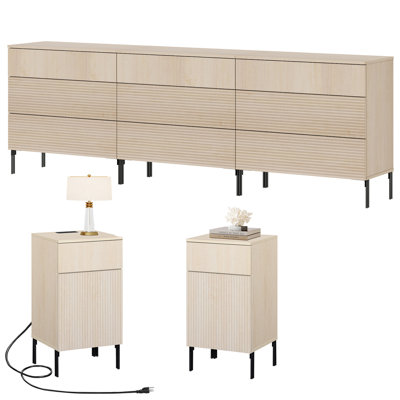  5-Piece Bedroom Set, 3 Three-Drawer Dressers & 2 Nightstands with Charging Stations, Fluted Wood Bedroom Storage Set with Metal Legs, Modern Bedroom Suite for Bedroom