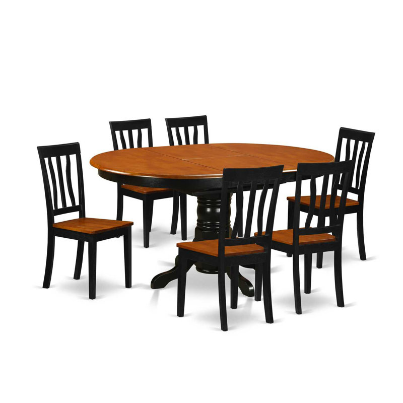 Ensemble de table de salle à manger moderne 7 pièces composé d'une table ovale en bois avec feuille papillon et de 6 chaises de salle à manger, noir et cerise