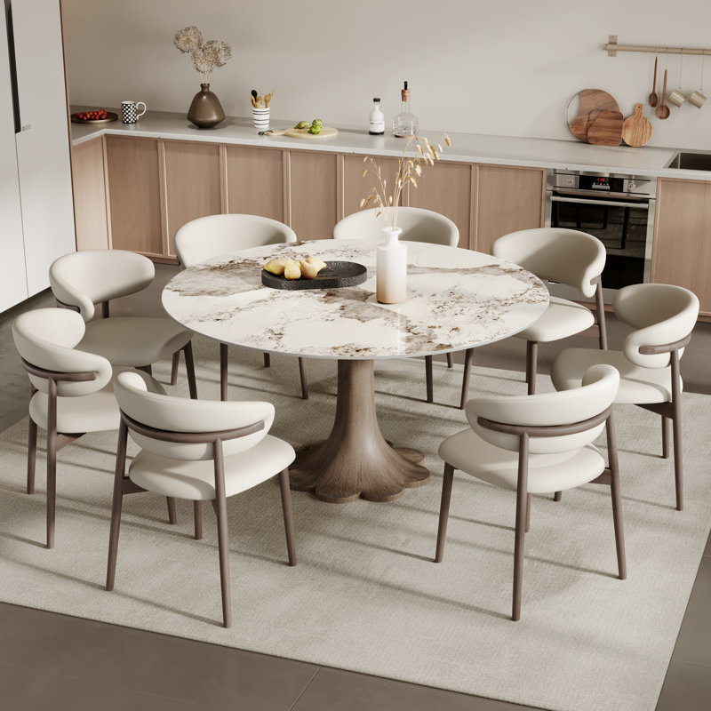 Mid-Century moderne enneigé / sable fritté pierre ronde bois massif en bois massif piédestal de forme noyer / ton noyer foncé (1 table, 4/6/8 chaises)