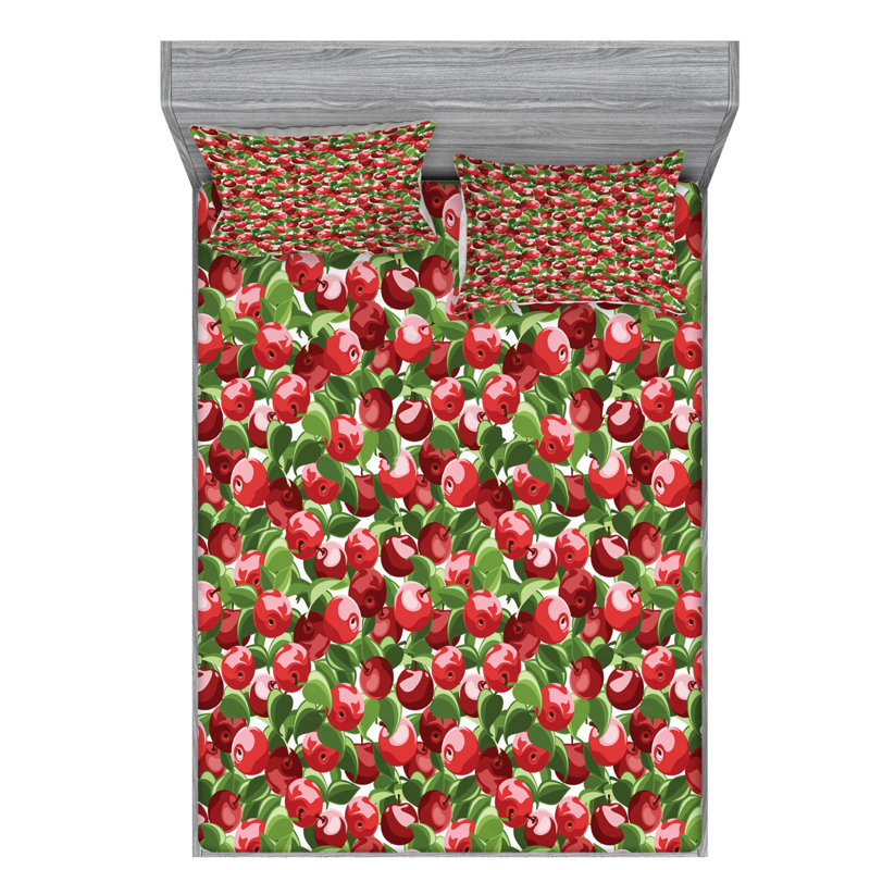 Microfiber Floral Sheet Set, Queen Sheet Set + Fitted Sheet + 2 Pillowcases, Beige/Green/Red Floral