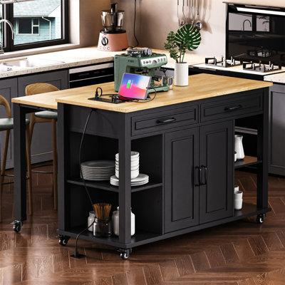 Kitchen Island with Charging Ports, Multi Storage and Trash Can Compartment
