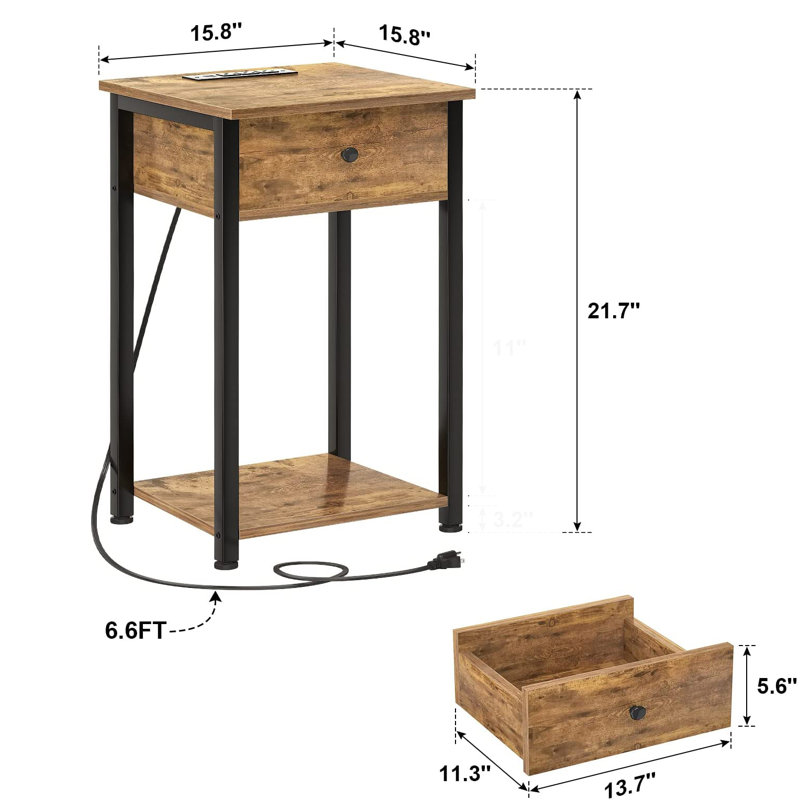 Solid Wood Top End Table Set with Storage and Built-In Outlets, Brown