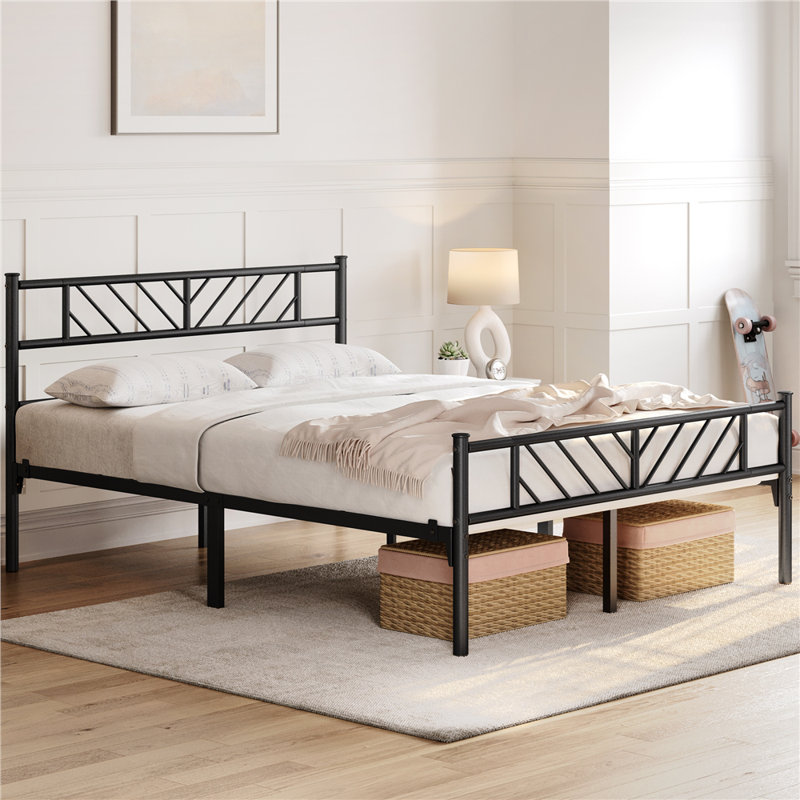 Minimalist Metal Slatted Bed Platform with Arrow Design Headboard, Double (4'6), Black