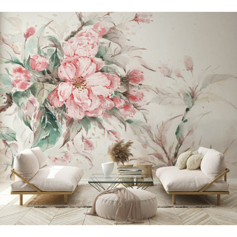 Watercolor Pink Peony Floral Wallpaper Cream, 75" L  x 112" W