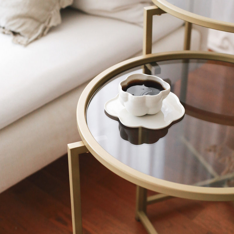 Modern Coffee Table Set (2 Pieces), Gold & Fume Color, 19.7 x 19.7 x 19.7 inches & 19.7 x 23.6 x 19.7 inches | 100% Tempered Glass (0.16 in. Thick) & 100% Metal Frame | Stylish Design for Glam Living Rooms