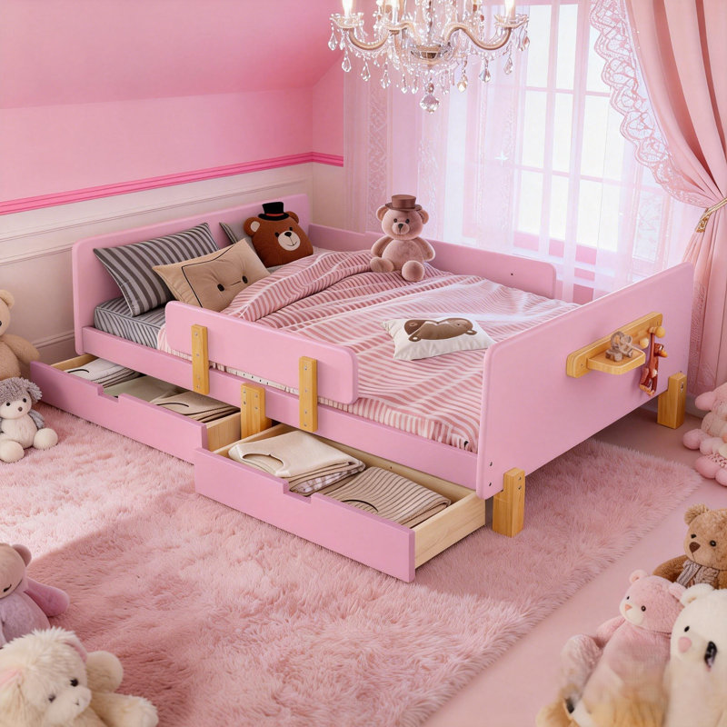 Lit plateforme double avec tiroirs de rangement Bellemave, Lit double, Rose