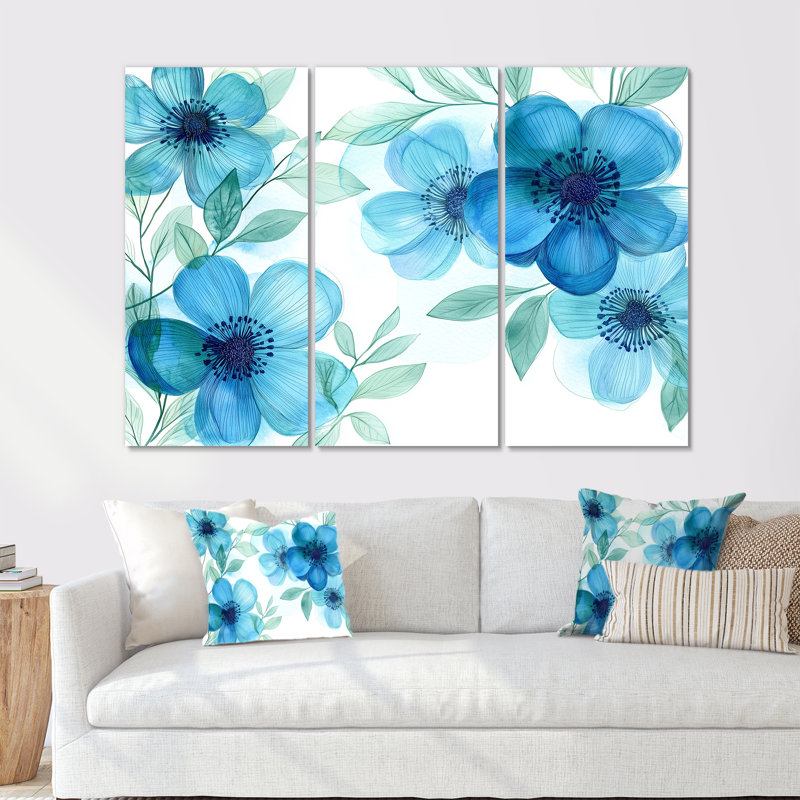 «Blue Wildflowers», art mural sur toile Meadow, H 32 po x l 48 po, Toile tendue sans cadre