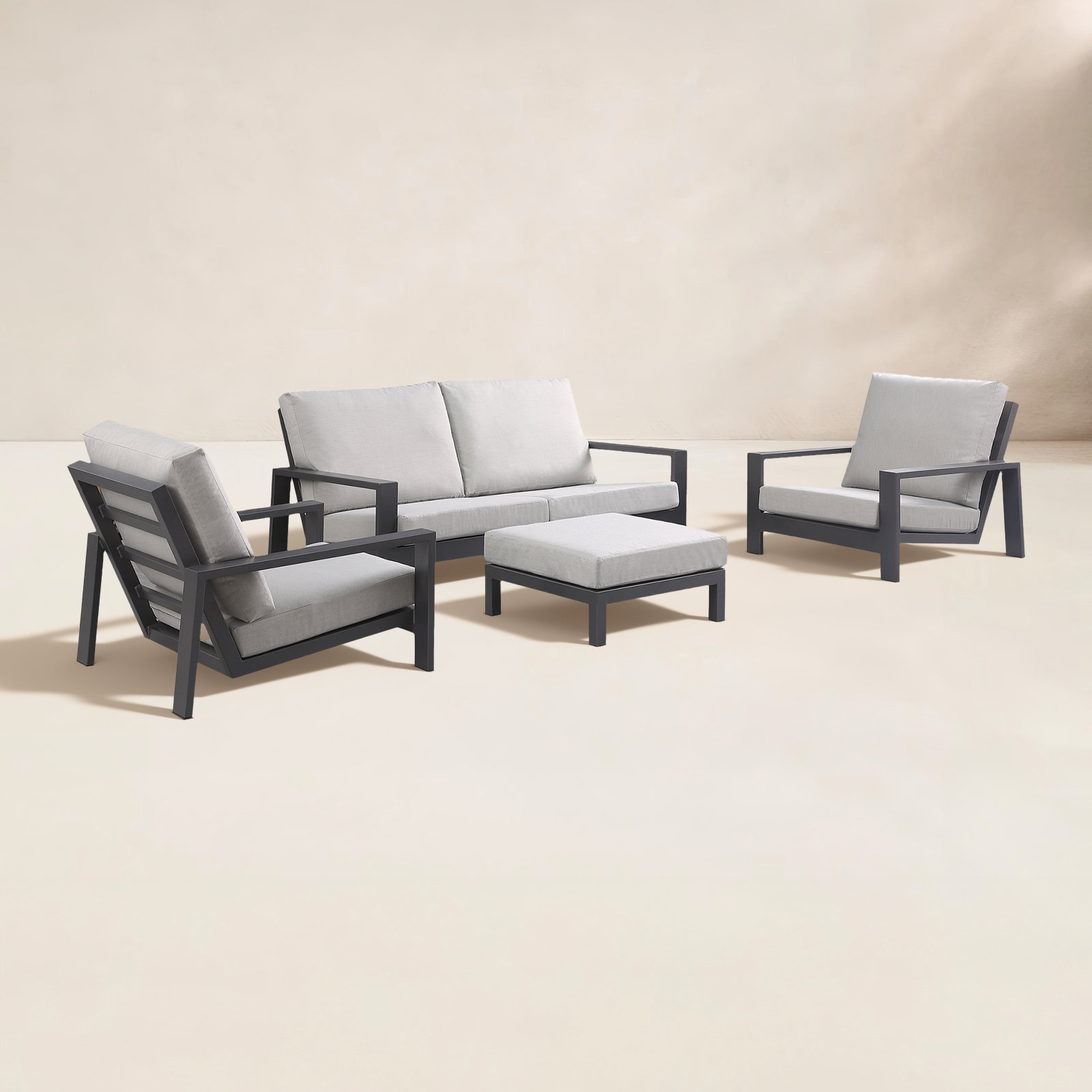 Hoyt 4-Piece Aluminum Lounge Outdoor Modern Conversation Sofa Set with Custom Cover, Silver Gray