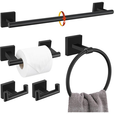 Bathroom Hardware Set - 5 Piece Towel Bar, Toilet Paper Holder, Towel Ring And Robe Hooks - Stainless Steel Wall Mounted Set With Dual Base Design For Enhanced Stability