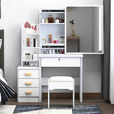 Vanity Desk With 3 Color Lighting Mirror - Spacious Storage Area, White Fashionable & Lights Modes,