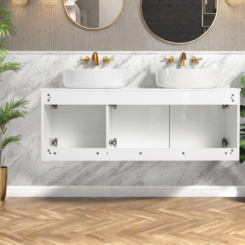 Meuble-lavabo suspendu moderne de 122 cm (48 po) avec lavabo, contreplaqué blanc lustré